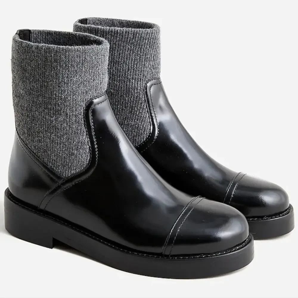 J.Crew Black Italian Leather Ribbed Knit Cuff Ankle Boots NIB NWT 6.5 BM708